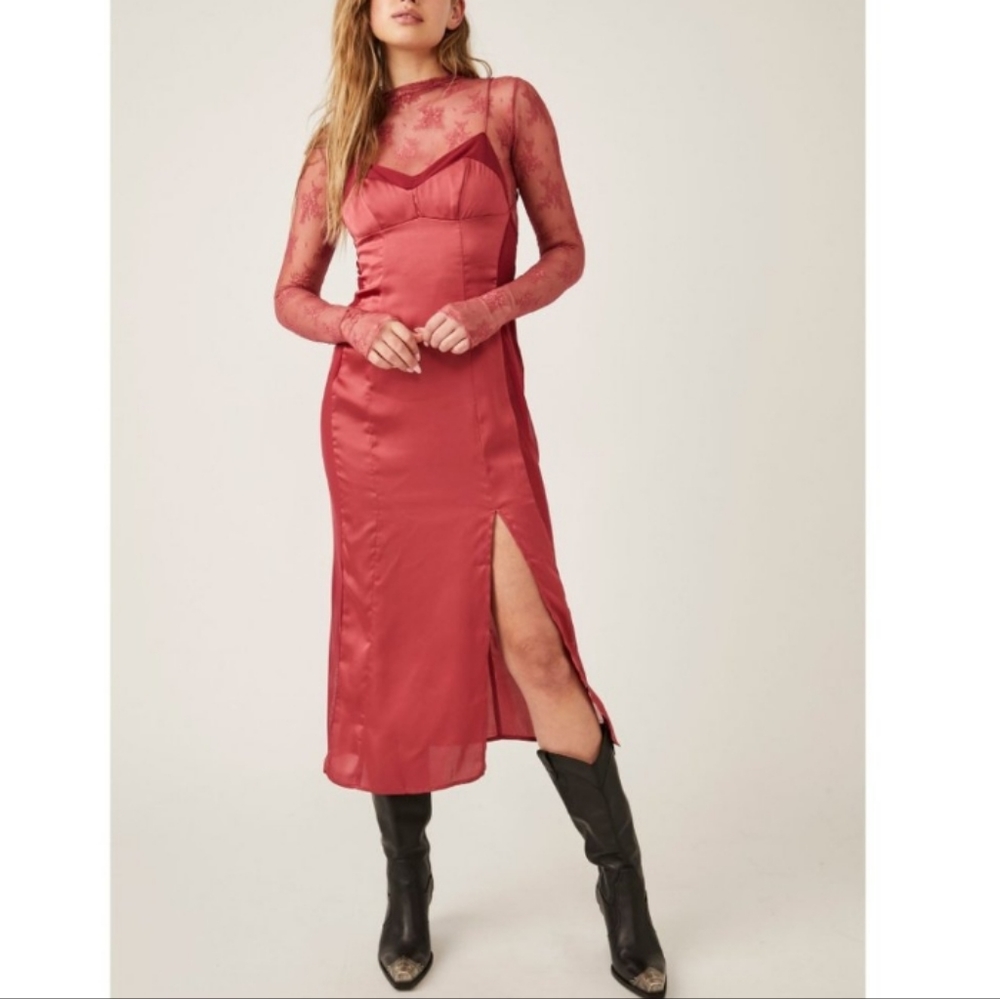 FREE PEOPLE City Cool Midi Slip / Venetian Red medi-dress sz L, Lace Layering♥